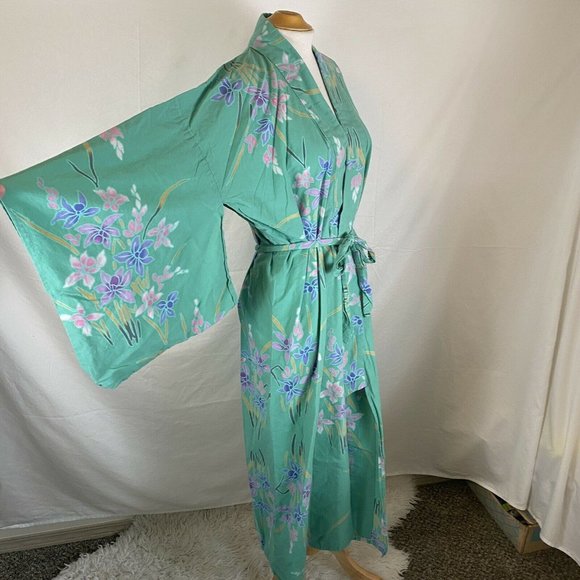 unbranded Other - Vintage Kimono Robe Size Small 100% Cotton Made In Japan Green Floral Japanese